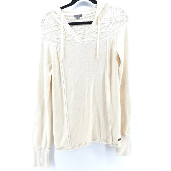 Eddie Bauer Heritage Classic XS Cream Cozy Cable Knit Hooded Sweater Rolled Hem - Picture 1 of 11
